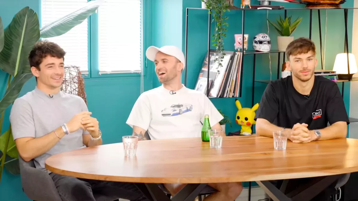 Squeezie avec Pierre Gasly et Charles Leclerc 