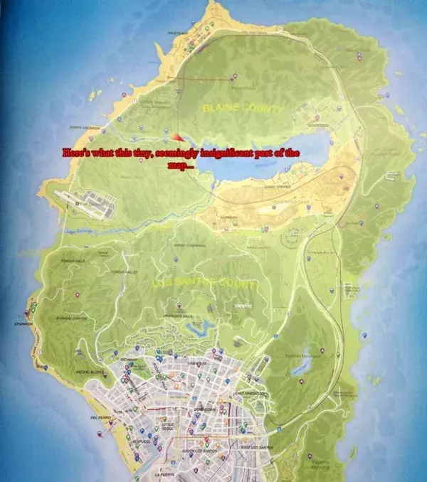GTA 5 : la seonde partie de la carte montre le comté de Blaine. La flèche rouge correspond à un passage ferroviaire au-dessus d'une vallée (2/2).