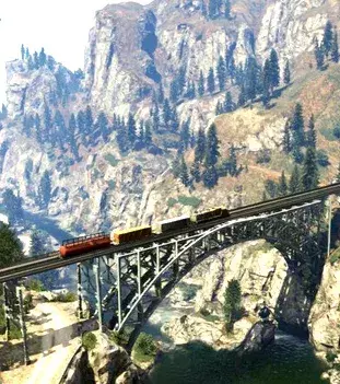 GTA 5 : le passage ferroviaire de la carte, tel qu'il apparaîtrait dans le titre, donne une idée de son immense surface de jeu.