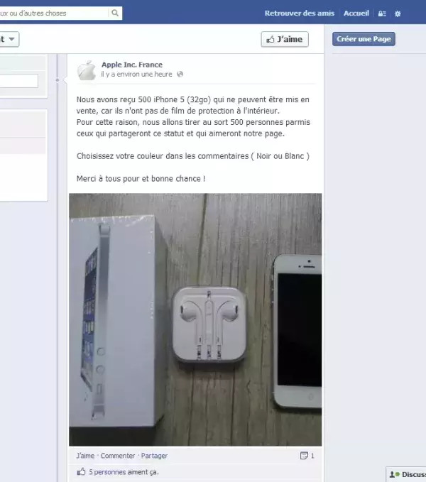 Voici l'annonce spam pour l'iPhone 5 sur Facebook