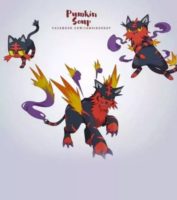 Evolution starters Pokémon Lune/Soleil : les évolutions de Flamiaou imaginées par Pumpkin Soup