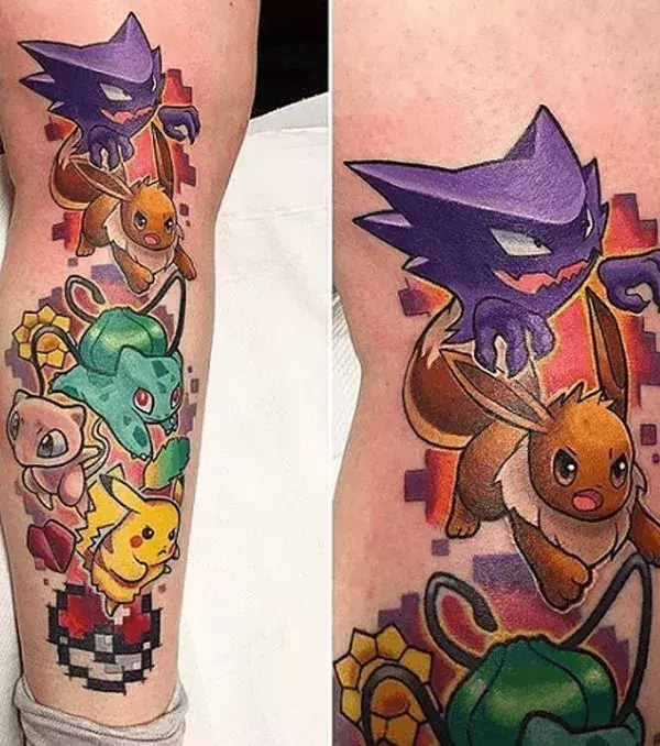 Une Pokéball en pixels de laquelle sortent plusieurs célèbres Pokémon